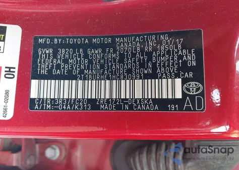 2017 Toyota Corolla Se z USA, uszkodzony, nr VIN 2T1BURHE1HC830991